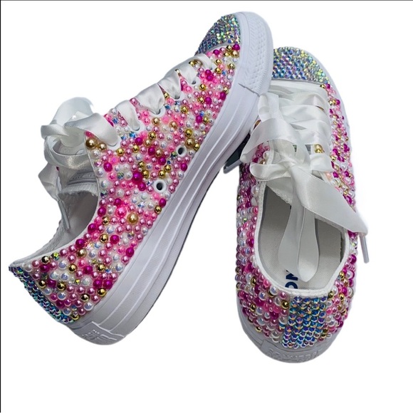 Pink Gold Pearls & Crystal Low Top Converse Sizes 5-14 New With Ribbon Laces - Picture 4 of 14